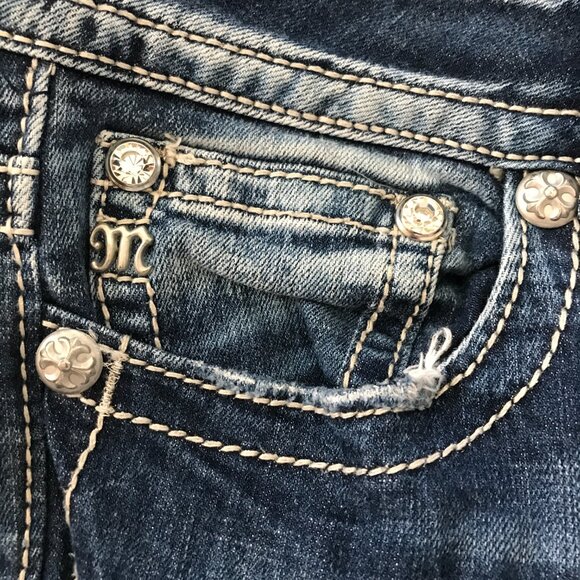 Miss Me Bootcut Jeans Women 31 Blue Low Rise Rhinestone Flap Pocket Thick Stitch - Picture 13 of 16